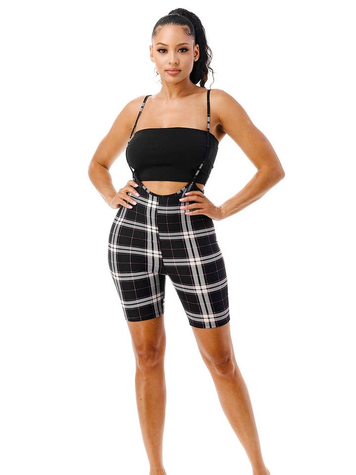 Checker printing suspend pinafore romper for wholesale by Color 5