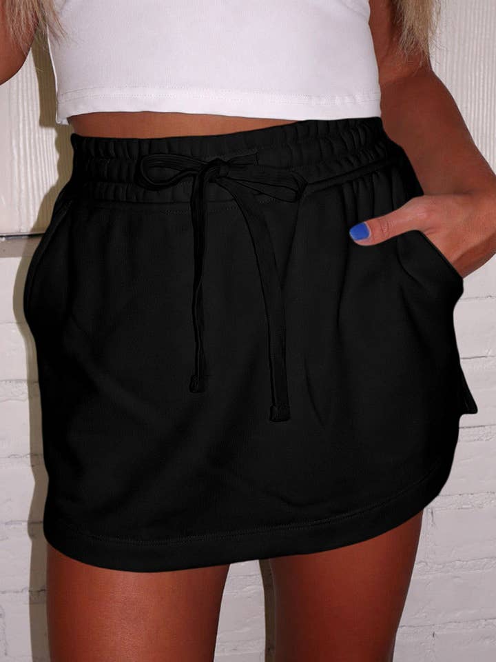 Drawstring Elastic Waistband Mini Skort with Pockets (S-XL) for wholesale by 66DISCO