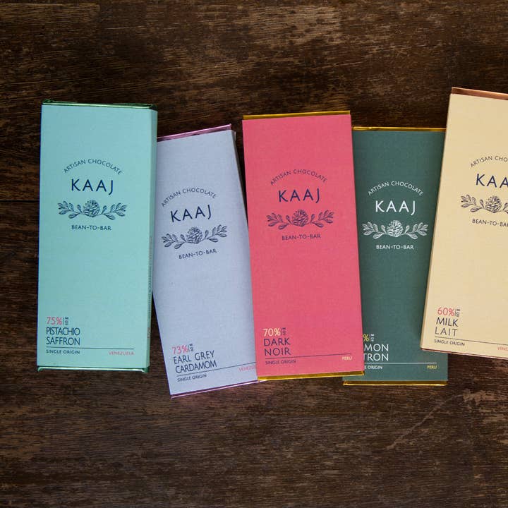 Kaaj Artisan Chocolate - Wholesale Chocolate Bar - Saffron & Pistachio 75%
Dark3