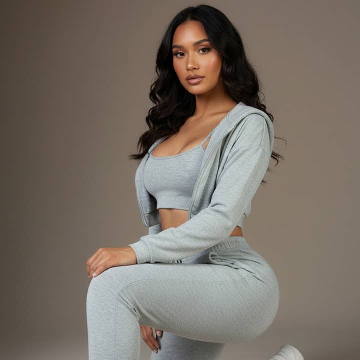 French Terry Cropped Cami with Zip-up Jacket and Joggers Set and other Purchase Wholesale sweatsuit sets. Free Returns & Net 60 Terms on Faire trending on Faire.