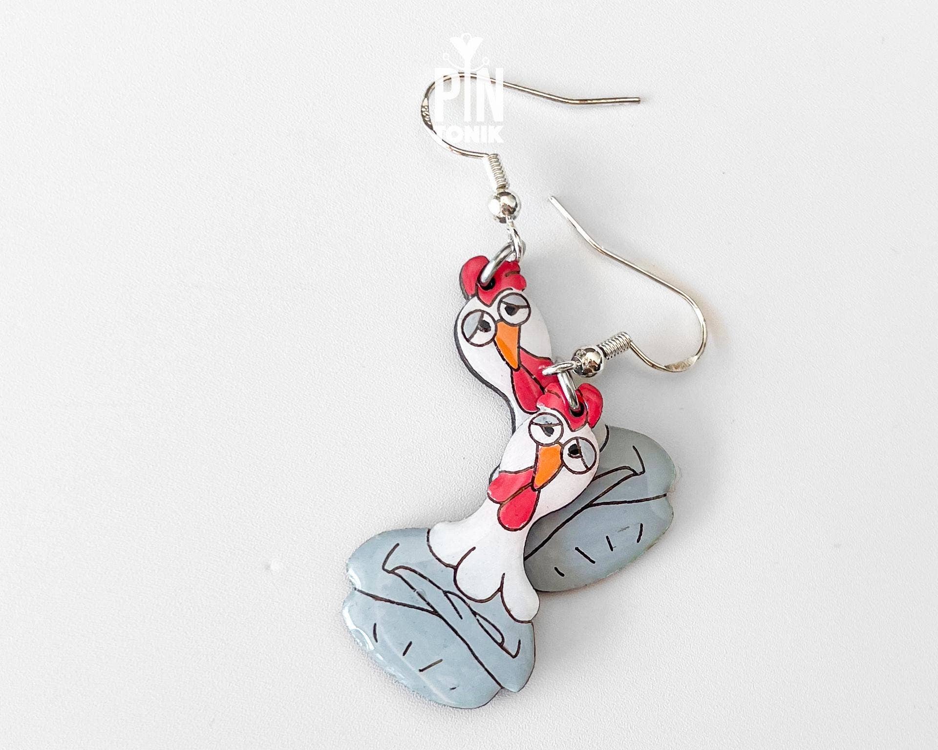 PinTonik - Wholesale Dangle Earrings - Chicken Hen Dangle Earrings in Wood and Sterling Silver1