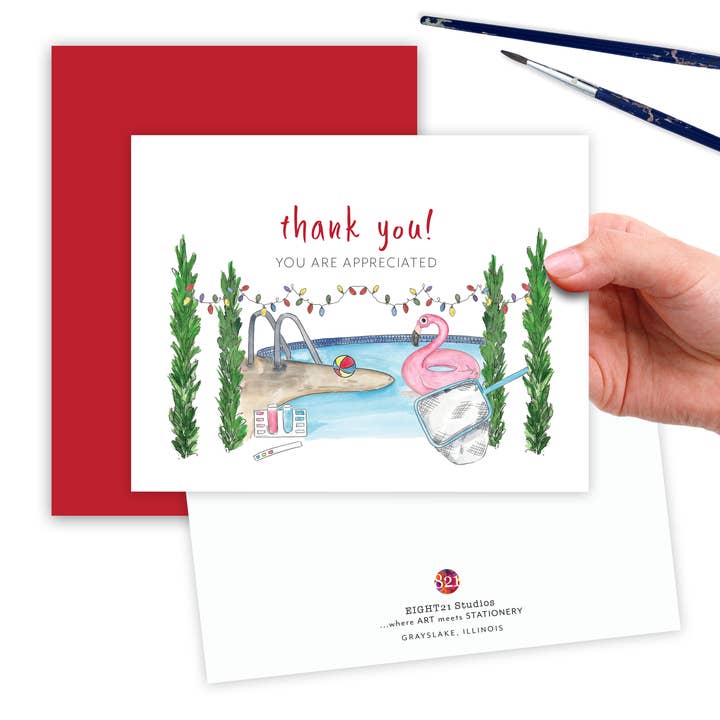 Eight21 Studios + Unique Greeting Cards, Art and Stationery - Wholesale Christmas Card - Swimming Pool Service Appreciation Christmas Greeting Card