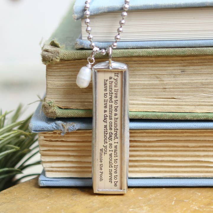 Jennifer Dahl Designs LLC - Wholesale Pendant/Charm Necklace - Winnie The Pooh Live To Hundred Literary Book Charm Necklace