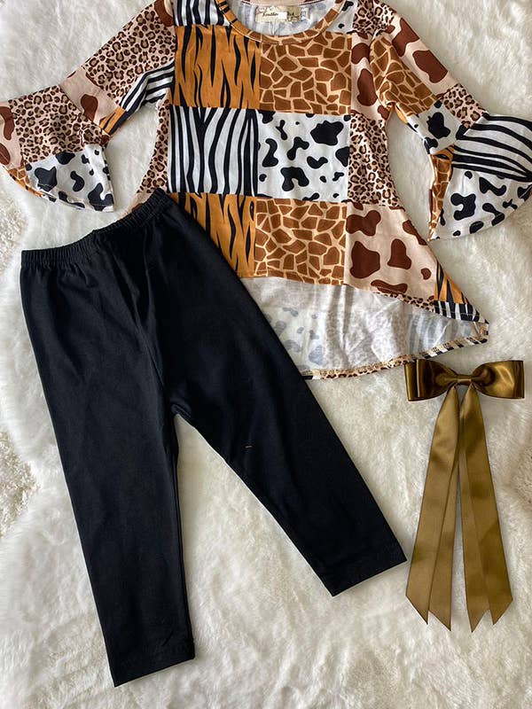XCH0024-4H Animal prints high-low top black legging girl set for wholesale by luluclothes