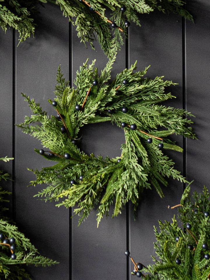Navy Plum Berry Norfolk Cypress Real Touch Wreath - 14" for wholesale by Luxe B Co