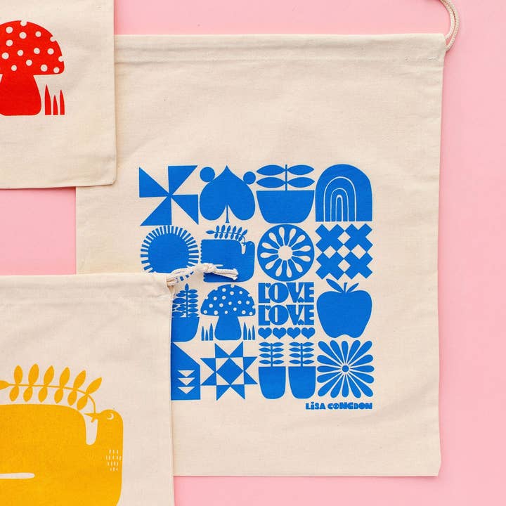 Lisa Congdon Art & Illustration - Wholesale Drawstring Bag - Unisex - Large Cotton Drawstring Pouch - Blue Grid4