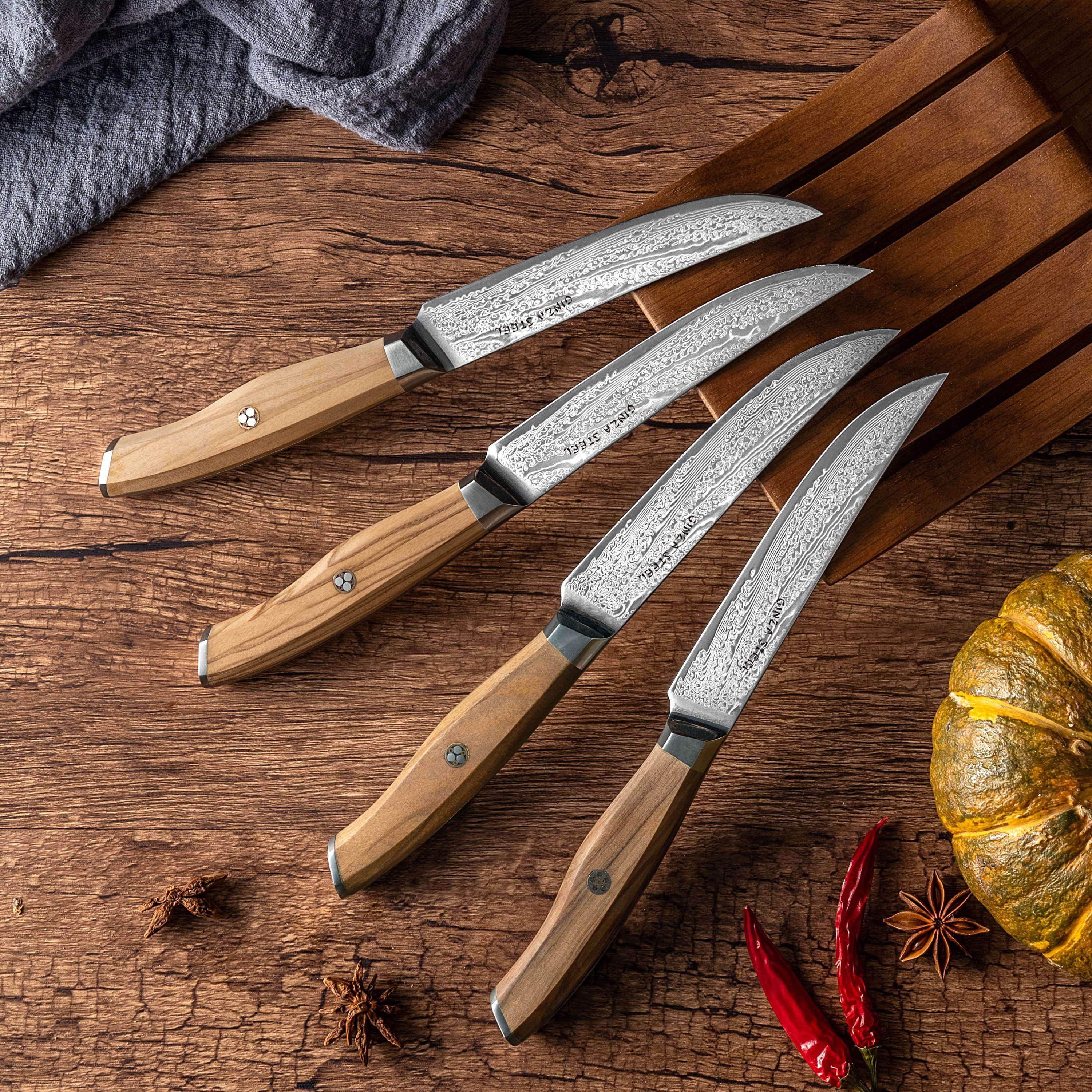 Ginza Steel - Wholesale Knife Set - Ginza Steel AMELIA Five – 4-Piece VG10 Damascus Steel Steak Knife Set with Wood Block8