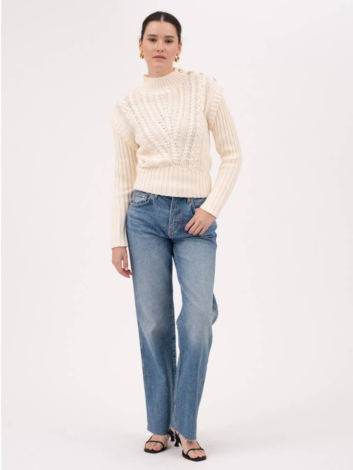 CREAM MOCK NECK SIDE SHOULDER BUTTON CABLE KNIT SWEATER for wholesale on Faire