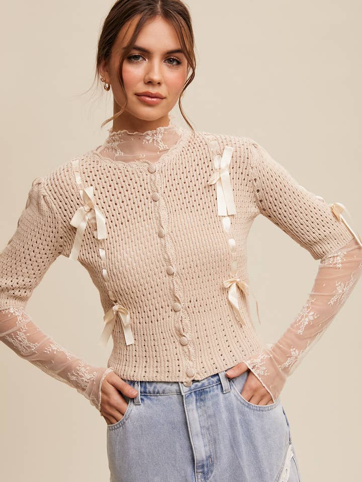 Pastel Knit Cardigan with Satin Bow Details LSW0970 for wholesale by Listicle