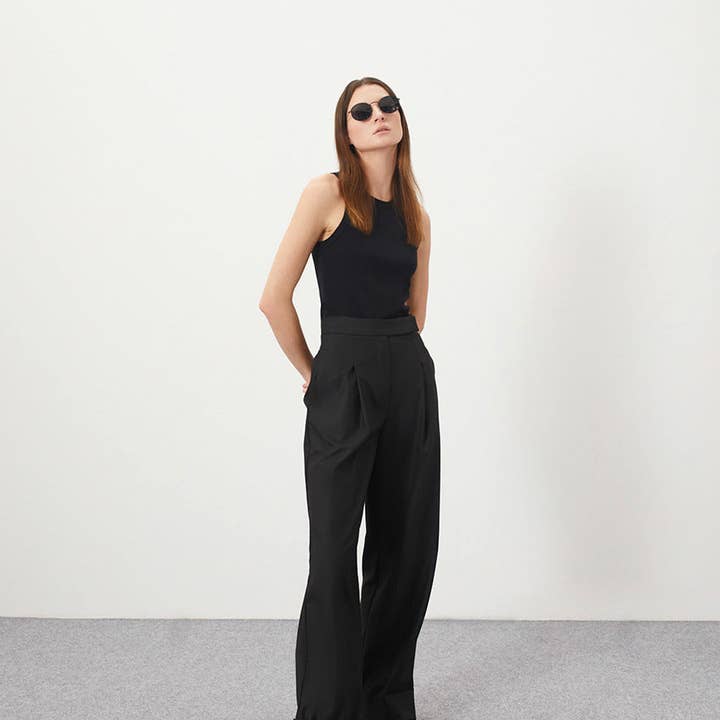 Marayn - Wholesale Pants - Women's - Black WideLeg Trousers High Waist Flowy Modern Fit3