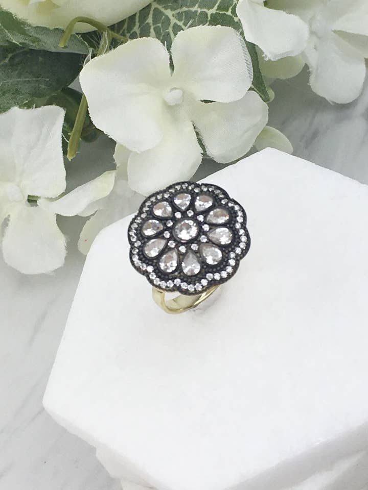 Diamond Looking Gold Plated 925 Sterling Silver Ring Antique Exceptional Royal Styling Impressive Statement Unique Ring Jewelry Gifts Boxed for wholesale by Dynasty Gold Jewelers, Inc.