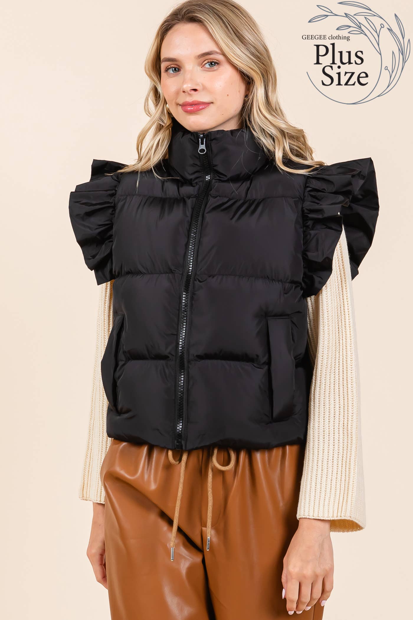 GeeGee x Lovelo - Wholesale Outerwear Vest - Women's - Plus Ruffled Sleeve Puffer Vest, MJ4501PL37
