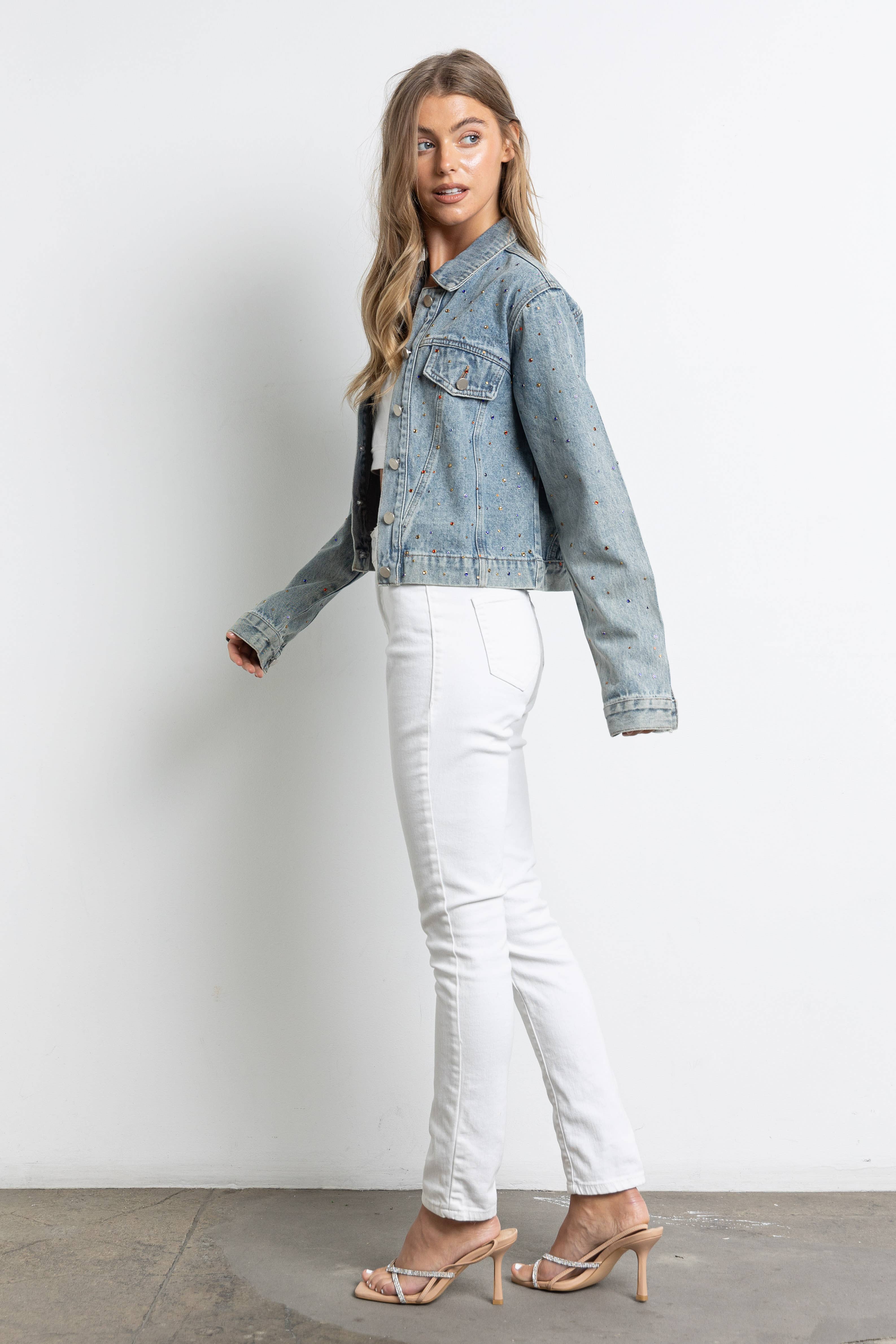 KIWI - Vendita all'ingrosso Giacca di jeans - Donna - Giacca in denim con strass multicolore IJ21281