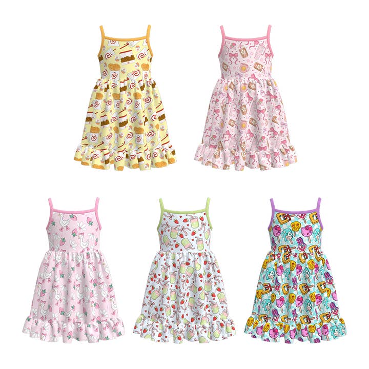 Girls Summer Goose Bow Drink Print Slip Ruffled Dress for wholesale by Auraquise