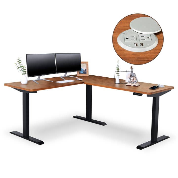 BRODAN Electric Standing L Desk with Power Charging Station, Walnut Top with Black Frame, 67x59 inches for wholesale by BRODAN