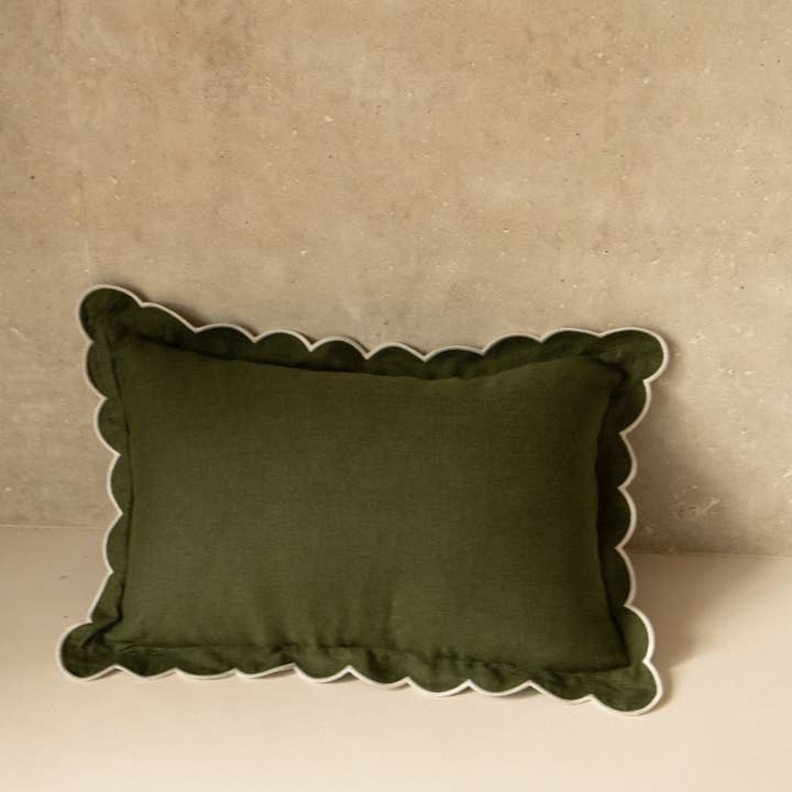 The rectangular scalloped linen cushion Forest Green & White and other Purchase Wholesale sophie home. Free Returns & Net 60 Terms on Faire trending on Faire.
