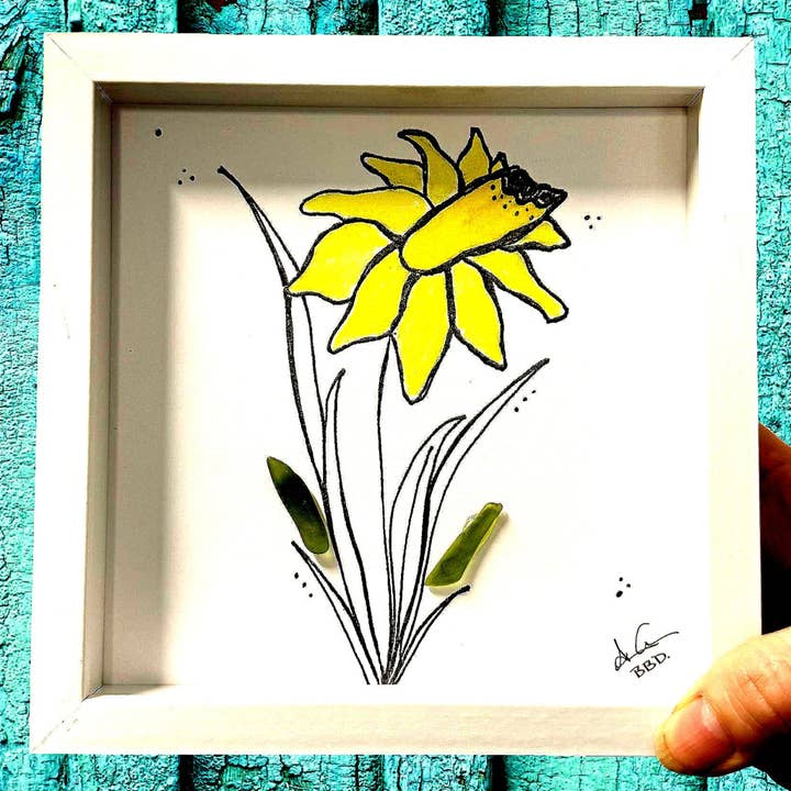 Daffodil Green Stem MINI - Sea Glass Art - 6x6 Framed for wholesale by Back Bay Designs