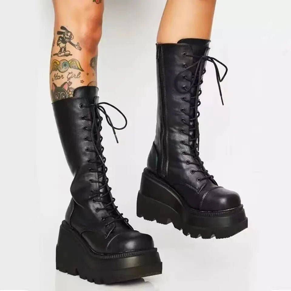 Black Lace Up Princess Platform Wedge Boots for wholesale on Faire0