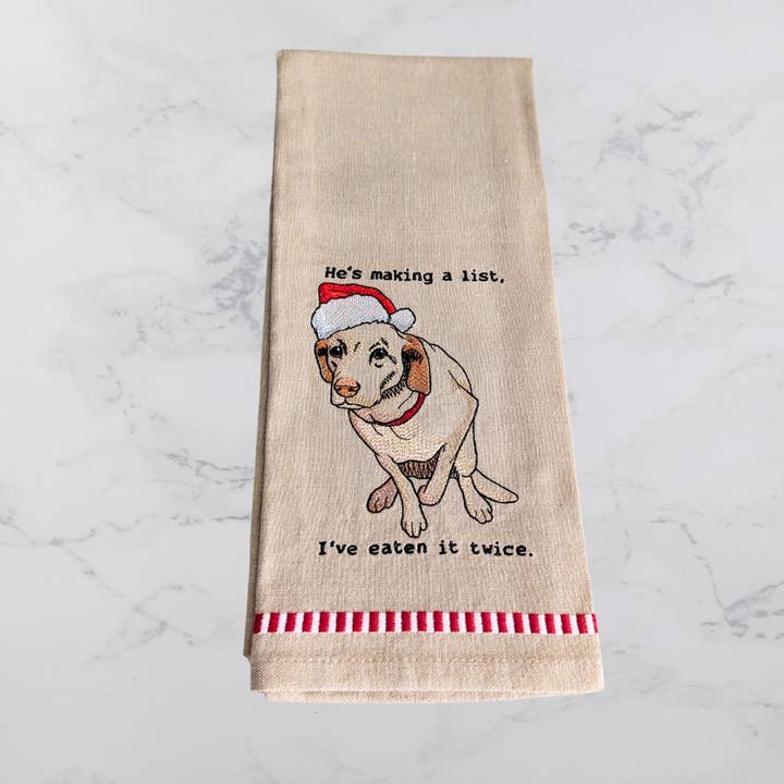Sheryl's Stitchery Niche - Wholesale Tea Towel - He's Making a List, Christmas Dog, Kitchen Decor