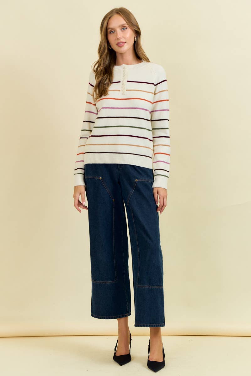 ELFENBEIN MULTI-STREIFEN-KNOPF-DOWN-HENRY-NECK-PULLOVER - 45568T für den Großhandel auf Faire4