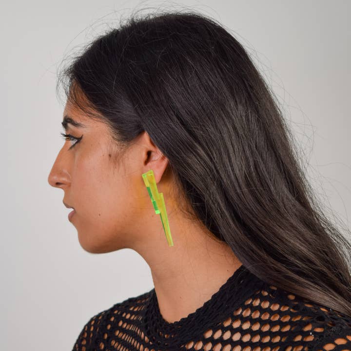 Vinca - Wholesale Dangle Earrings - Chunky Statement Lightning Bolt Earrings in Black Light Reactive Clear Green4