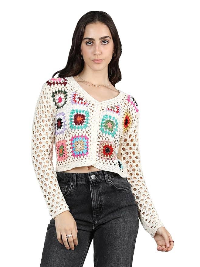 Handmade Crochet Full sleeve Top for Women-White for wholesale by NEOSTITCH LLC