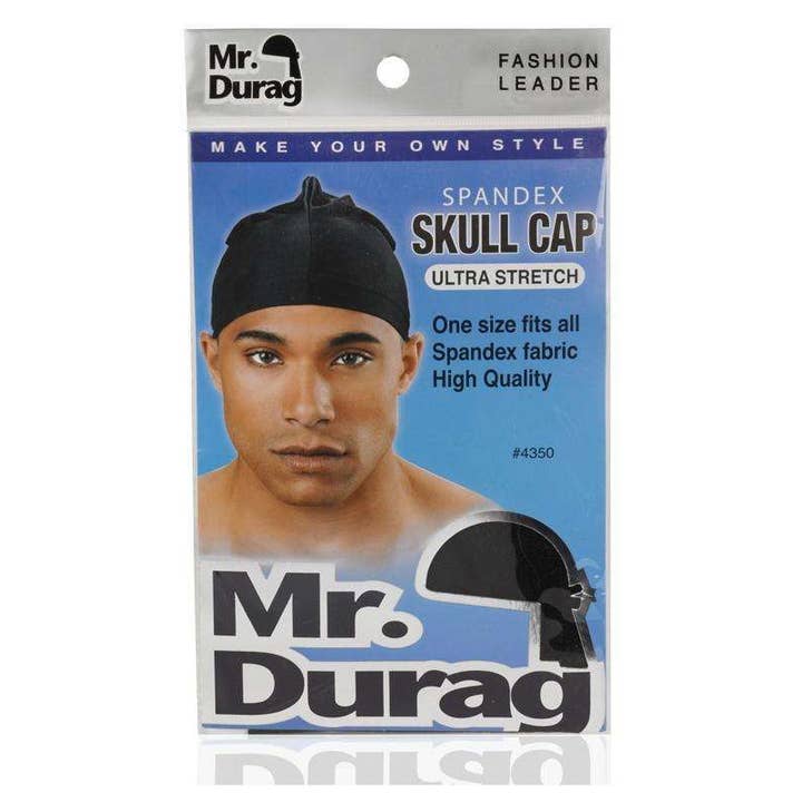 Berretto con teschio Annie Mr Durag in spandex nero per la vendita all'ingrosso da parte di KT Supply