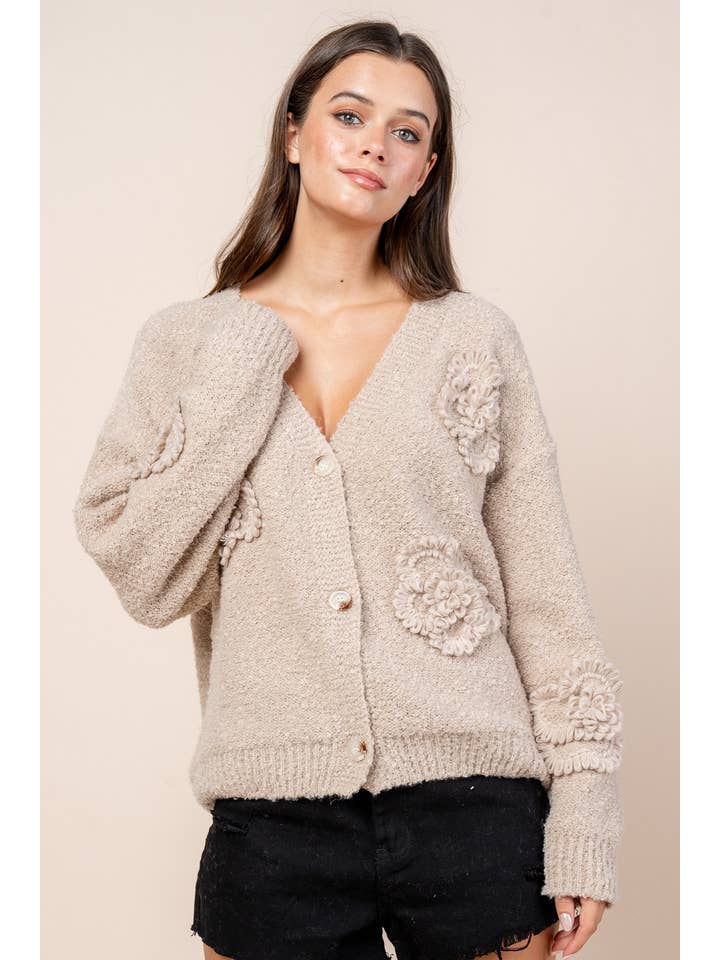 MOCHA CT10590Y / 3D FLORAL APPLIIGUE DETAILED CARDIGAN for wholesale on Faire3