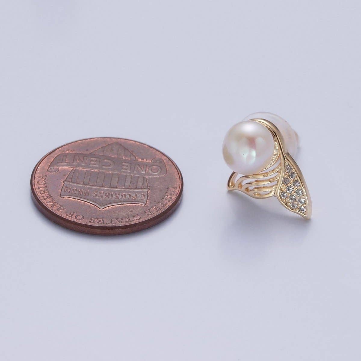 Aim Eternal - Wholesale Stud/Post Earrings - White Pearl with Gold Micro Pave Mermaid Tail Stud Earring V-3972