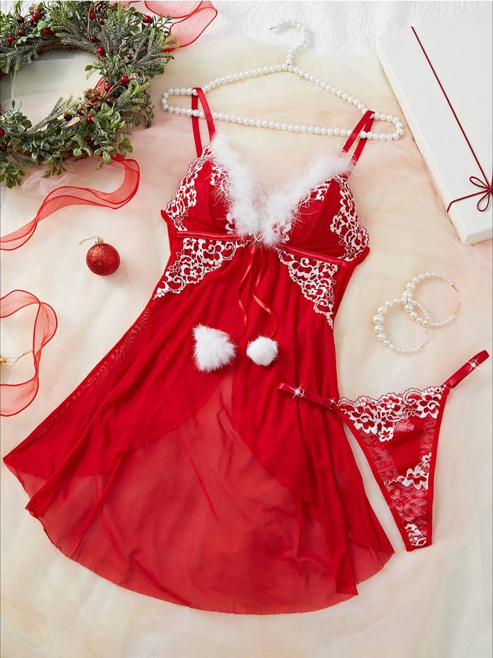 Red Ladies Merry Christmas Fluffy Floral Lace Chemise Set SKLG4008 for wholesale on Faire