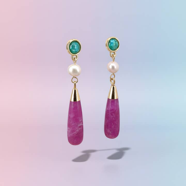 GirlyPirateCo - Wholesale Dangle Earrings - Gold Plated Freshwater Pearl and Red Stone Dangle Earrings5