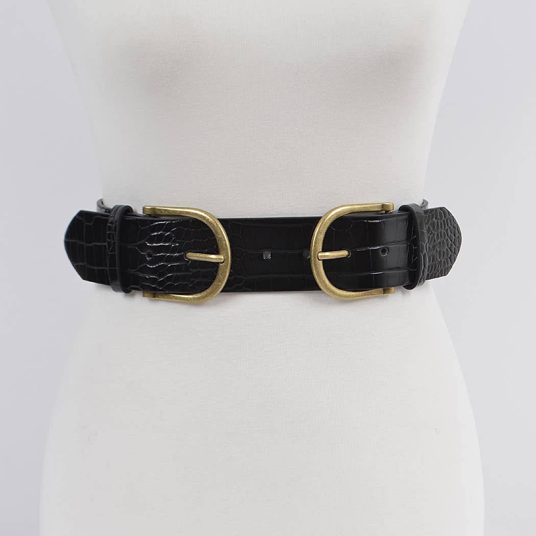 3AM BY H&D ACCESSORIES - Wholesale Belt - Women's - Two Buckle Faux Croc Leather Waist Belt0
