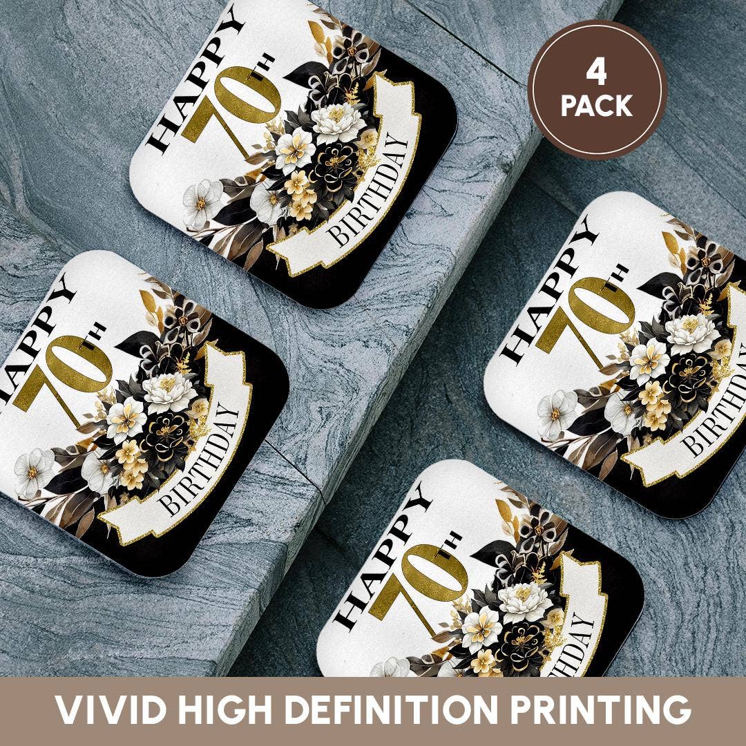3dRose - Wholesale Coasters - 3dRose, Elegant Black and Image Of Gold Flowers Happy 70th Birthday, Coaster12