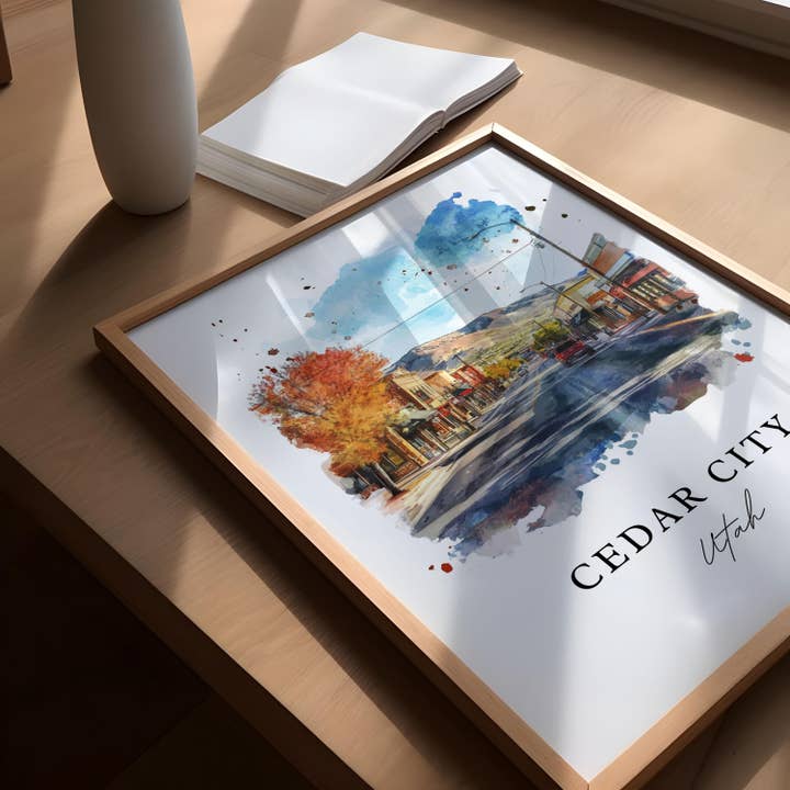 Premium Travel Art - Vente Affiche d'art - Art mural de Cedar City, Impression de Cedar City Utah, Art aquarelle du comté d'Iron, Cadeau de Cedar City UT,2