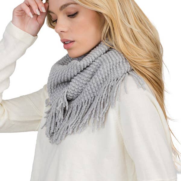 Cap Zone - Wholesale Scarf - Women's - Seed Stitch Knit Fray Trim Infinity Scarf