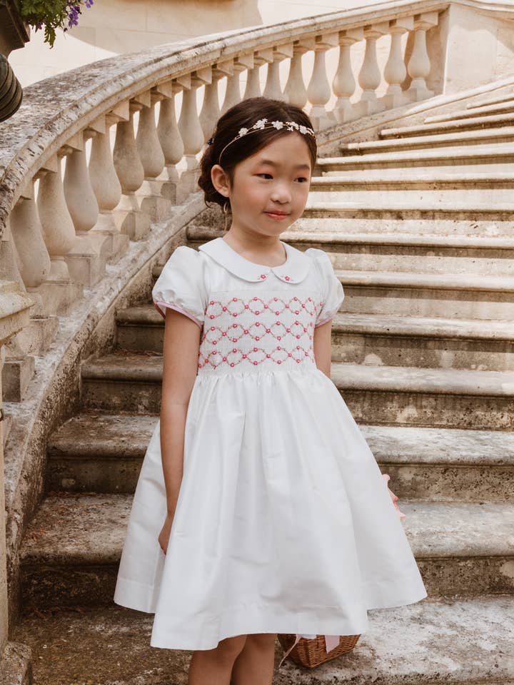 Bagatelle White/Pink Silk Handmade Smocked Dress for wholesale by Antoinette Paris