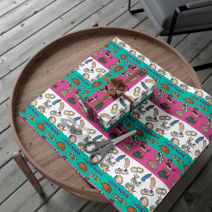 I LOVE NUDIS – wholesale Wrapping paper roll – I LOVE NUDIS™ Colorful Nudibranch Collage Recycled Gift Wrapping Paper3