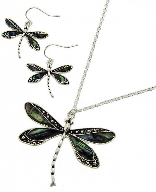 0011 PREMIERE - Wholesale Jewelry Set - FR2910 Antique Silver Abalone Dragonfly Necklace Set1