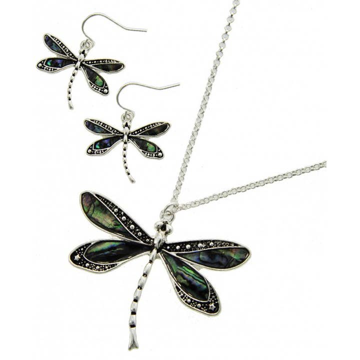 0011 PREMIERE - Wholesale Jewelry Set - FR2910 Antique Silver Abalone Dragonfly Necklace Set1