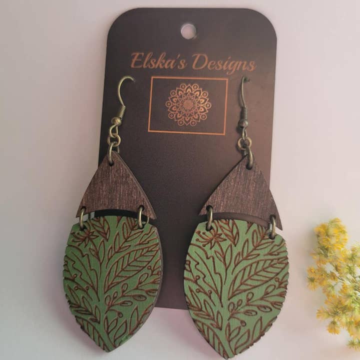 Elskas Designs - Wholesale Dangle Earrings - Green Foliage Engraved Wood Earrings1