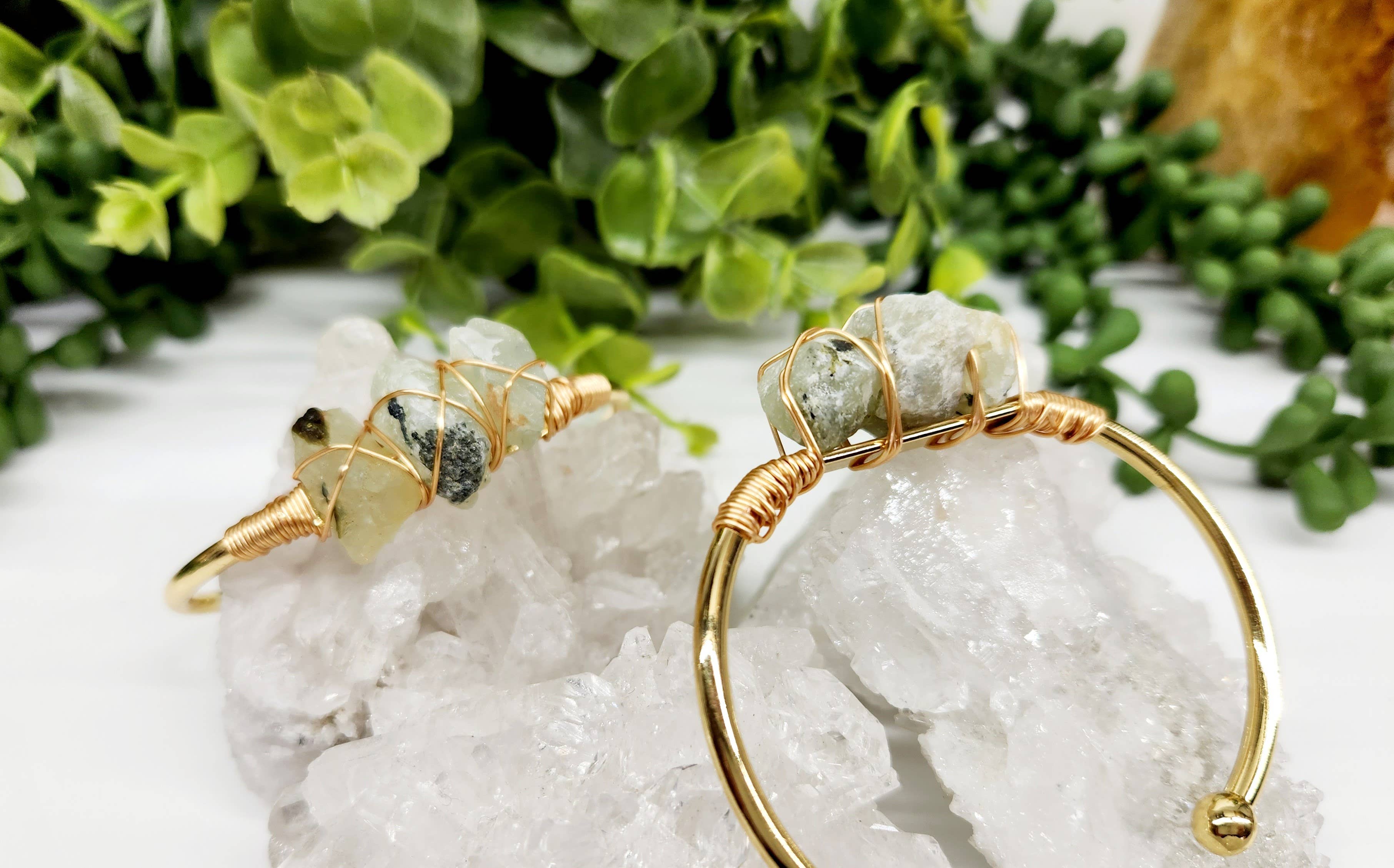 Meraki Gemstones - Wholesale Cuff Bracelet - Prehnite 3 Rough Gemstones Wire Wrapped Bangle Bracelet6