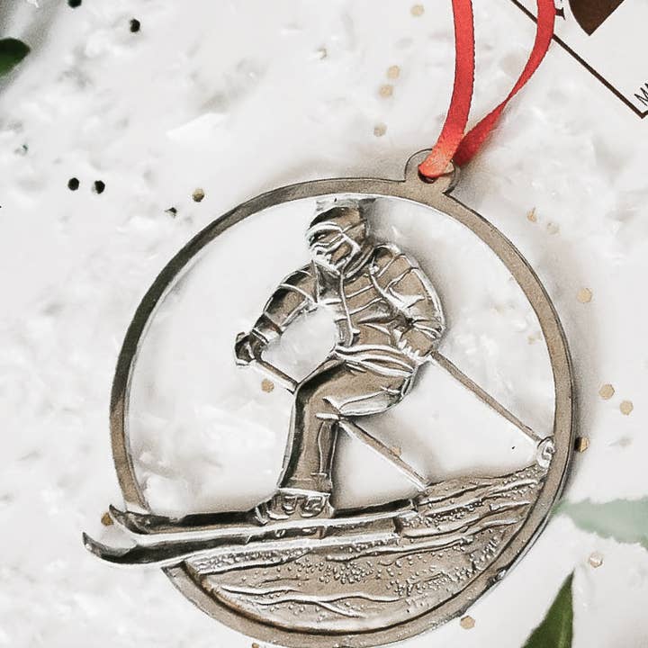 House of Morgan Pewter - Wholesale Ornament - Handmade Athlete Christmas Ornament - Snow Skiing Skier