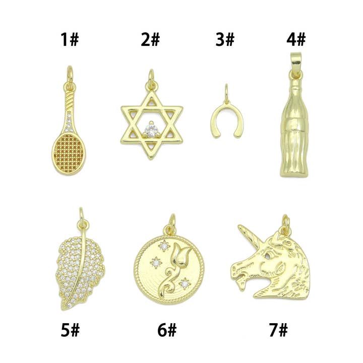 Raqueta de tenis Clear CZ, Estrella de David, Herradura, Botella de refresco, Hoja de oro, Moneda de rosa, Colgante de unicornio, Sku#LX942 para venta al por mayor de BestBeads&Beyond