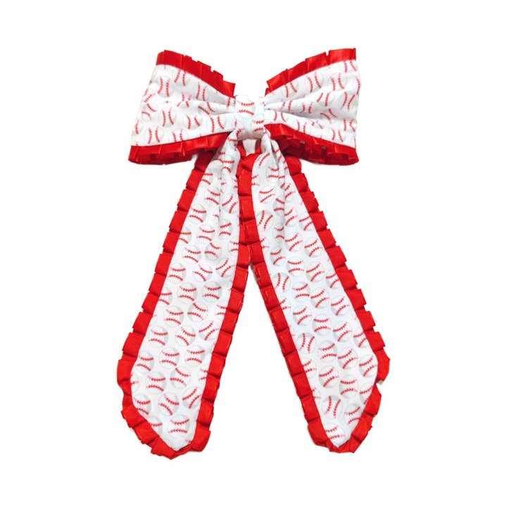 Honkbal Lint Rand Lange Staart Haar Strik met Clip voor wholesale door Pretty in Pink Bows