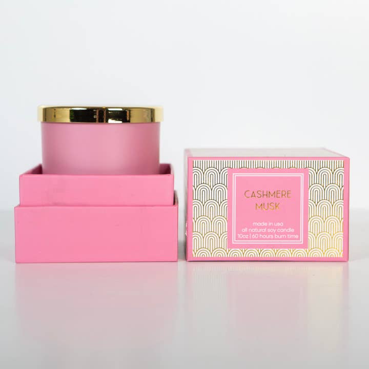 Mod Lounge Paper Company - Wholesale Jar/Filled Candle - Pink and Gold Cashmere Musk Mid Century Foil Boxed Candle
