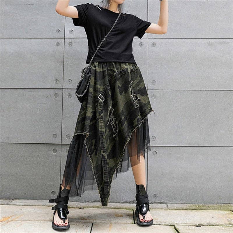Camouflage Elastic Waist Mesh Patchwork A-Line Skirt for wholesale on Faire0