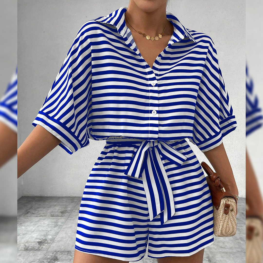 UNISHE - Wholesale Romper - Women's - Summer Striped Lapel Button-Up Belted Shorts Romper AXR12914