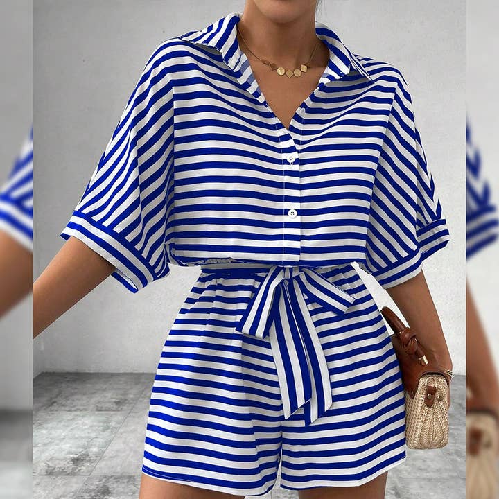 UNISHE - Wholesale Romper - Women's - Summer Striped Lapel Button-Up Belted Shorts Romper AXR12914