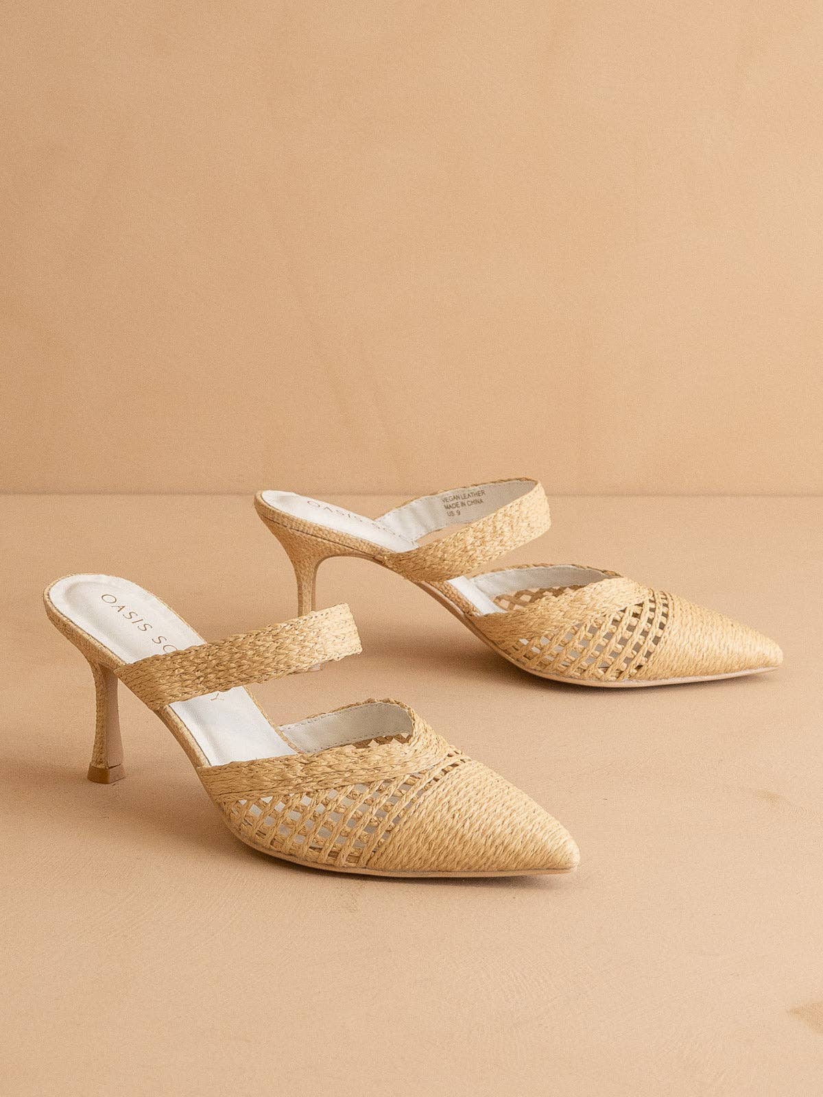 The Tia | Natural Pointed Toe Raffia Detail Kitten Heel for wholesale on Faire2