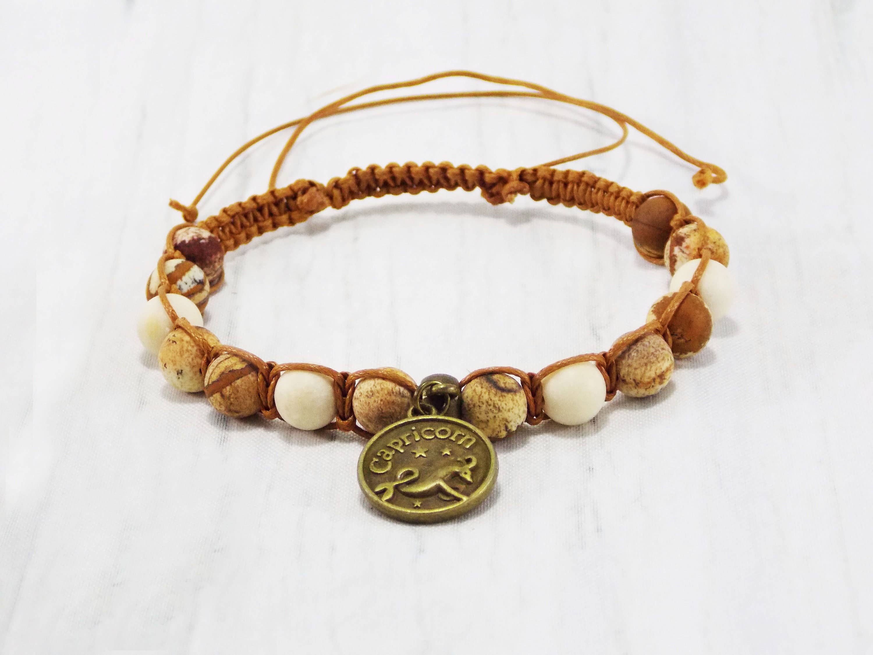 Ninolia - Venta al por mayor Pulseras de abalorios/colgantes - Pulsera Capricornio con dije de signo del zodíaco de cabra de 8 pulgadas de largo, piedra preciosa unakita macramé, regalos de cumpleaños de enero6